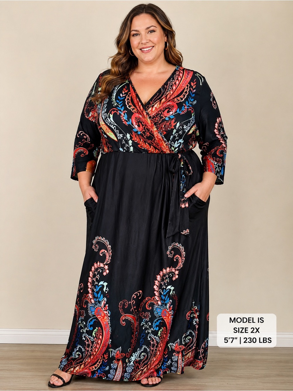 Plus-Size Black Maxi Dress with Red & Blue Paisley Wrap